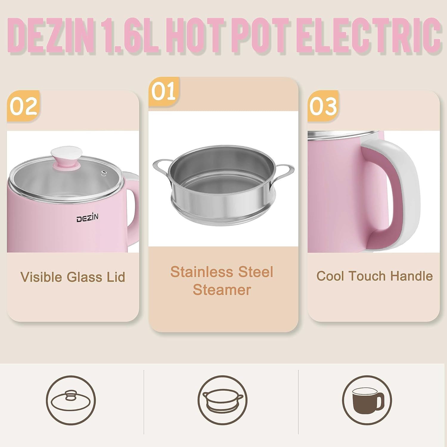 Dezin Electric Pot, 1.6L Ramen Cooker, Hot Pot Electric Stainless Steel, Multifunctional Electric Cooker for Egg, Pasta, Soup, Porridge, Oatmeal with Temperature Control and Keep Warm Function