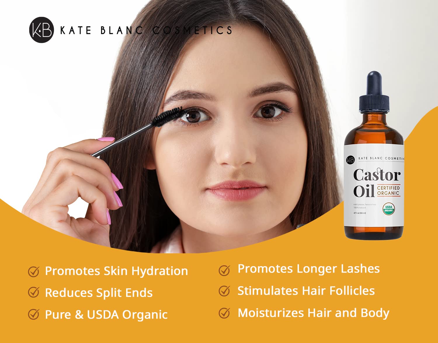 Kate Blanc Cosmetics Castor Oil Organic (2oz), 100% Pure, Cold Pressed, Hexane Free. Stimulate Growth for Hair, Eyelashes, Eyebrows. Hair Treatment Starter Kit & Skin Moisturizer