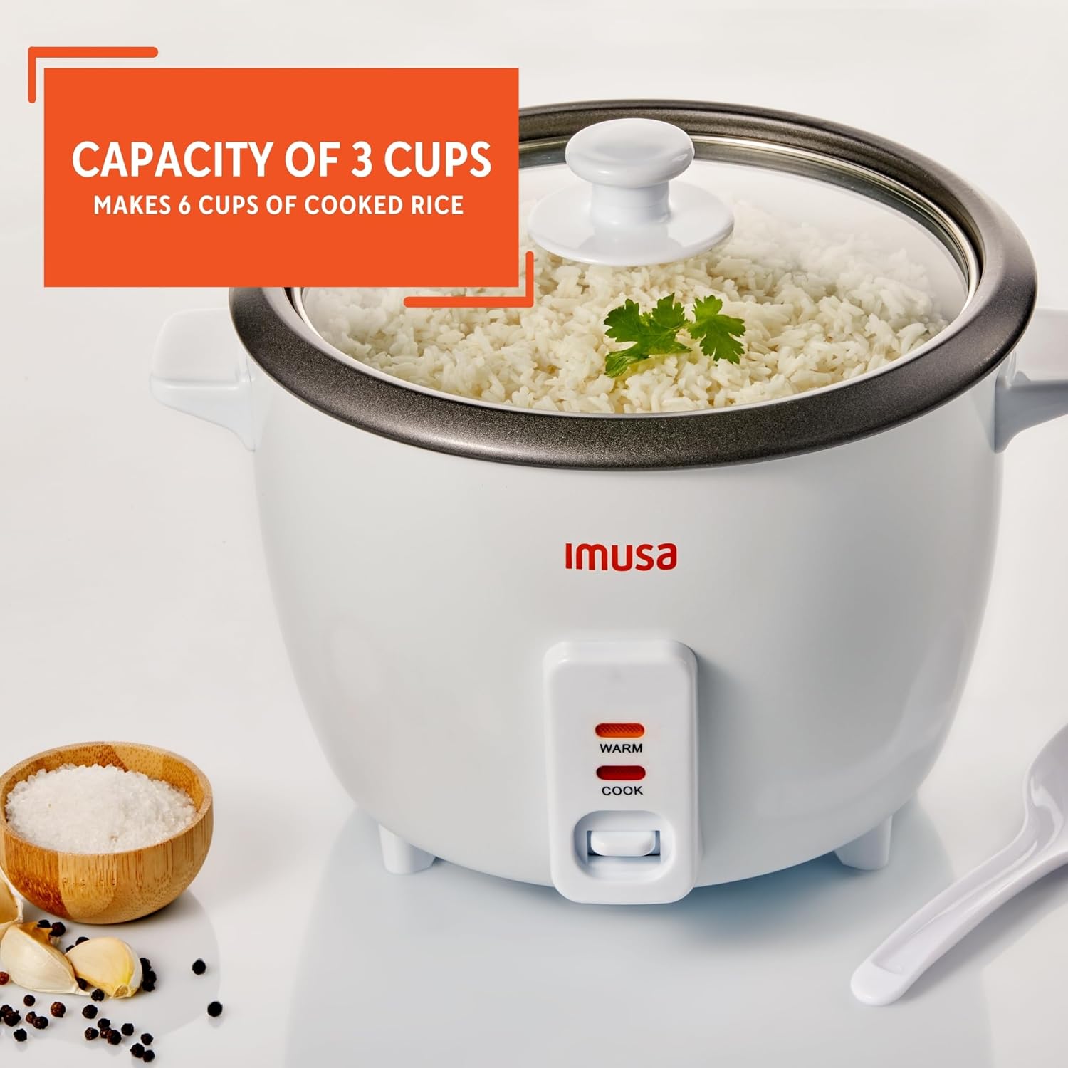 IMUSA USA GAU-00011 Electric Nonstick Rice Cooker 3-Cup (Uncooked) 6-Cup (Cooked), White