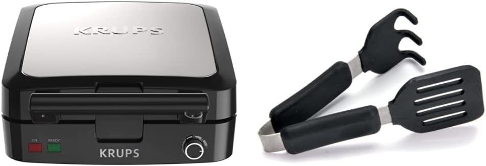 KRUPS: Waffle Maker, Stainless Steel, 4 Slices, 1200 Watts Square, 5 Browning Levels, Removable Plates, Dishwasher Safe, Belgian Waffle Silver and Black
