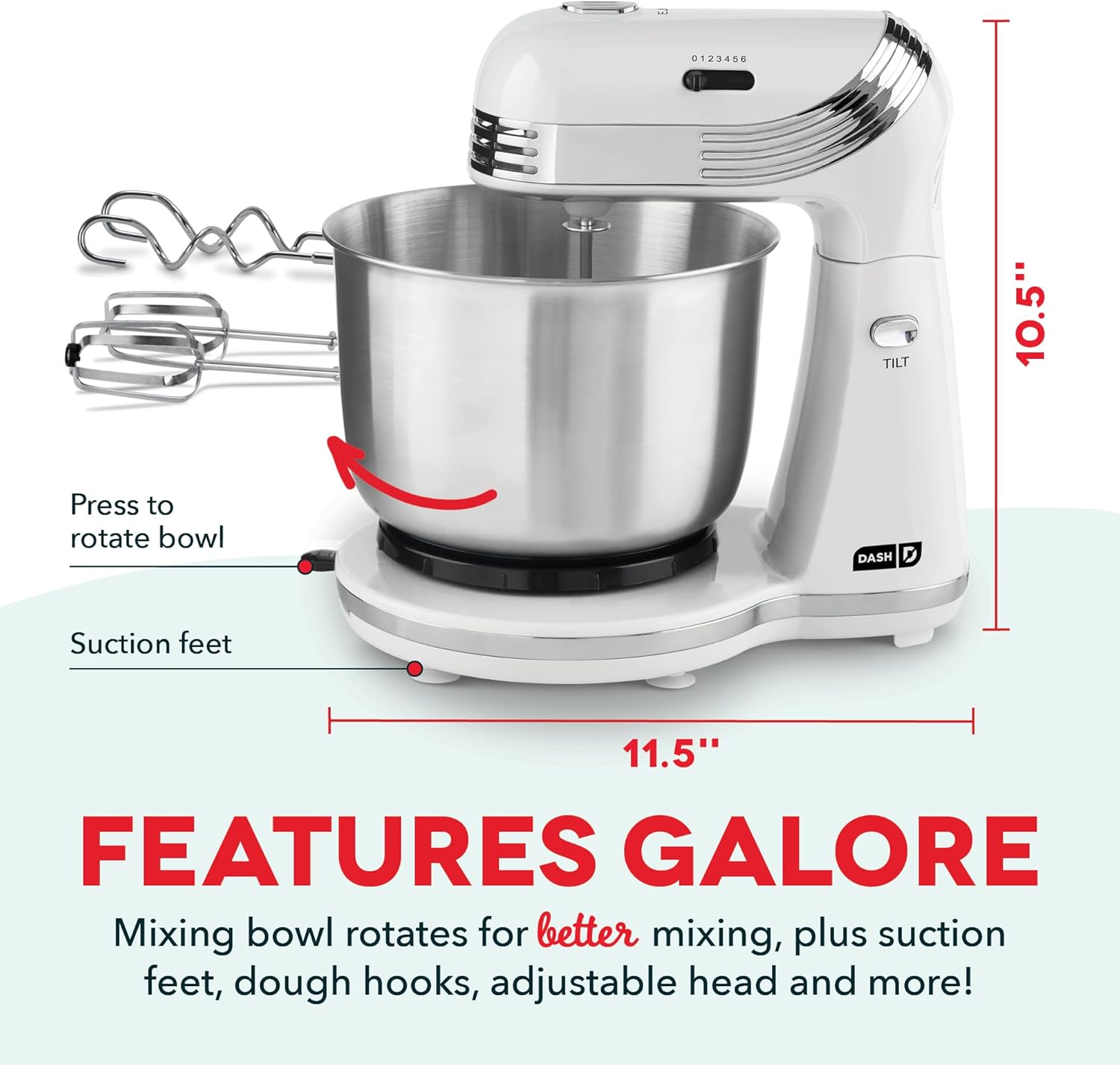 Dash Stand Mixer (Electric Mixer for Everyday Use): 6 Speed Stand Mixer with 3 Quart Stainless Steel Mixing Bowl, Dough Hooks & Mixer Beaters for Dressings, Frosting, Meringues & More - Aqua