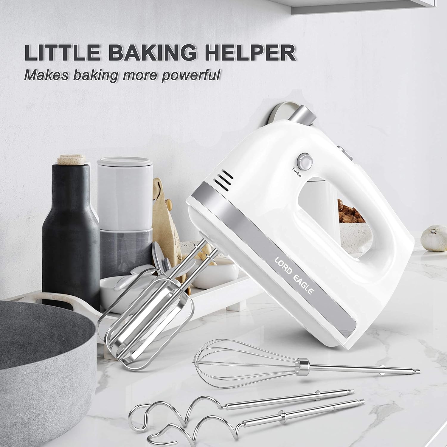 Lord Eagle Hand Mixer Electric, 400W Power handheld Mixer for Baking Cake Egg Cream Food Beater, Turbo Boost/Self-Control Speed + 5 Speed + Eject Button + 5 Stainless Steel Accessories (White)