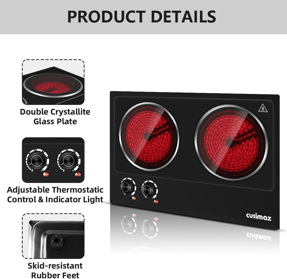 CUSIMAX Electric Hot Plate for Cooking Portable Single Burner 1500W Cast Iron hot plates Heat-up in Seconds Adjustable Temperature Control Stainless Steel Non-Slip Rubber Feet Upgraded Version B101