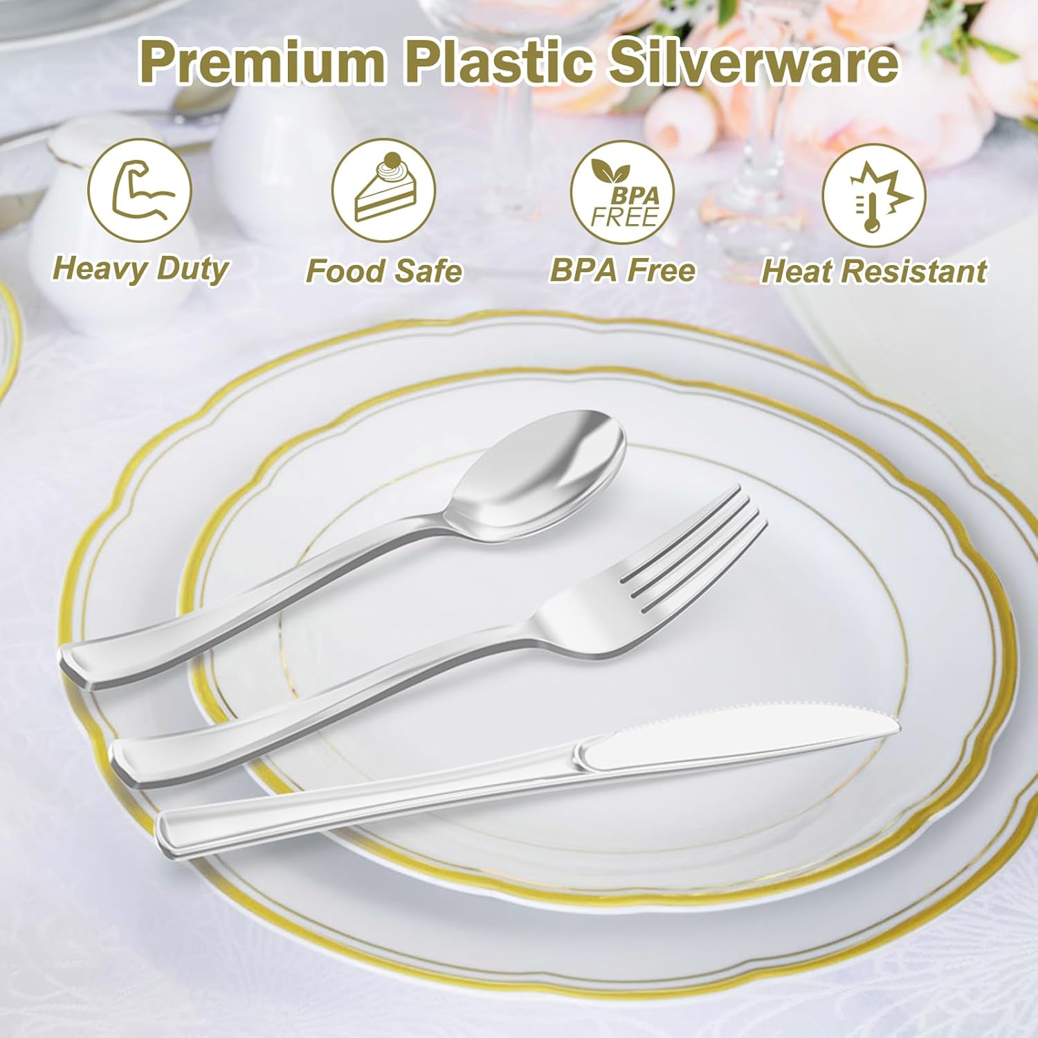 200 Count Heavy Duty Gold Plastic Silverware, 100 Forks, 50 Spoons, 50 Knives, BPA-Free, Heat Resistant, Disposable Gold Plastic Utensils Set, Gold Plastic Cutlery Set, Plasticware Bulk