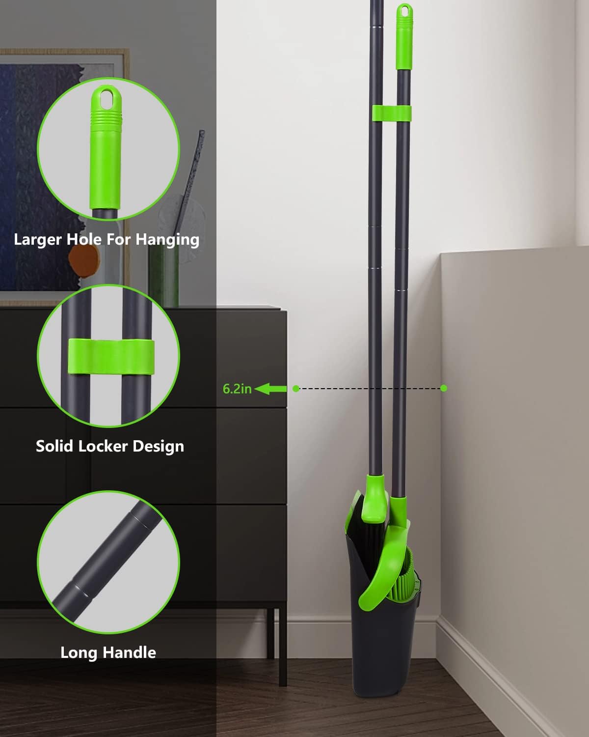 Broom with Dustpan Combo Set, Upgrade Broom and Dustpan Set for Home, 52'' Long Handle Broom and Dustpan Set, Standing Dustpan and Broom for Kitchen Office Lobby Floor