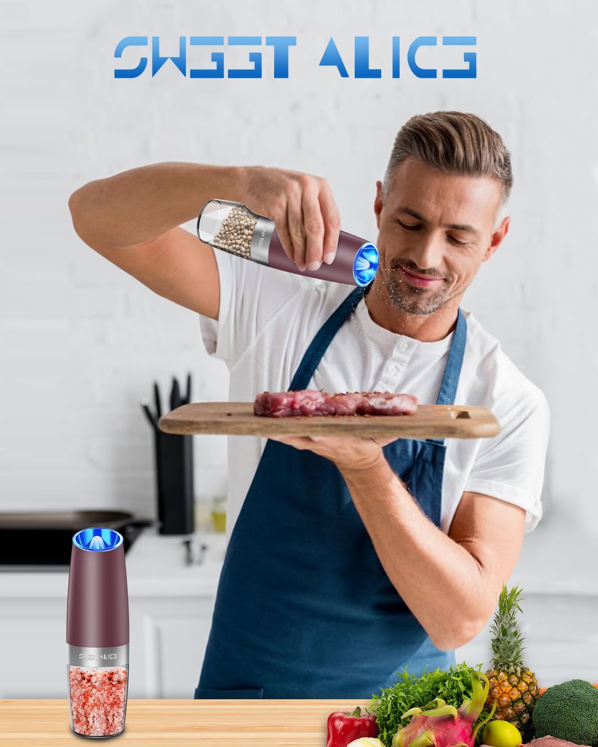 Sweet Alice Gravity Electric Pepper and Salt Grinder Set, Adjustable Coarseness, Battery Powered with LED Light, One Hand Automatic Operation, Stainless Steel Black, 2 Pack