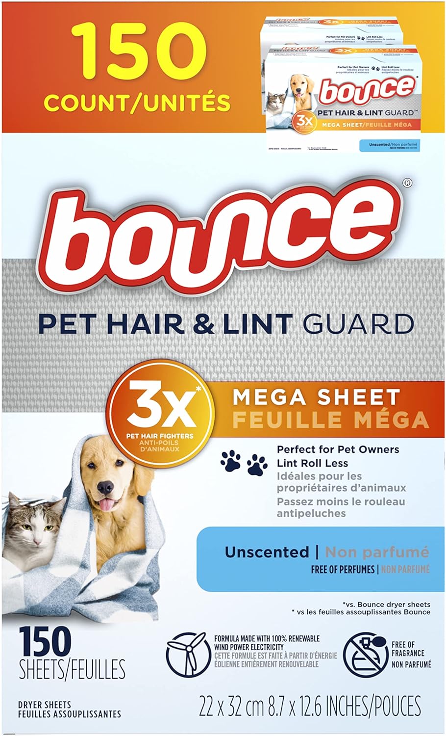Bounce Pet Hair and Lint Guard Mega Dryer Sheets with 3X Pet Hair Fighters, Unscented, 130 Count
