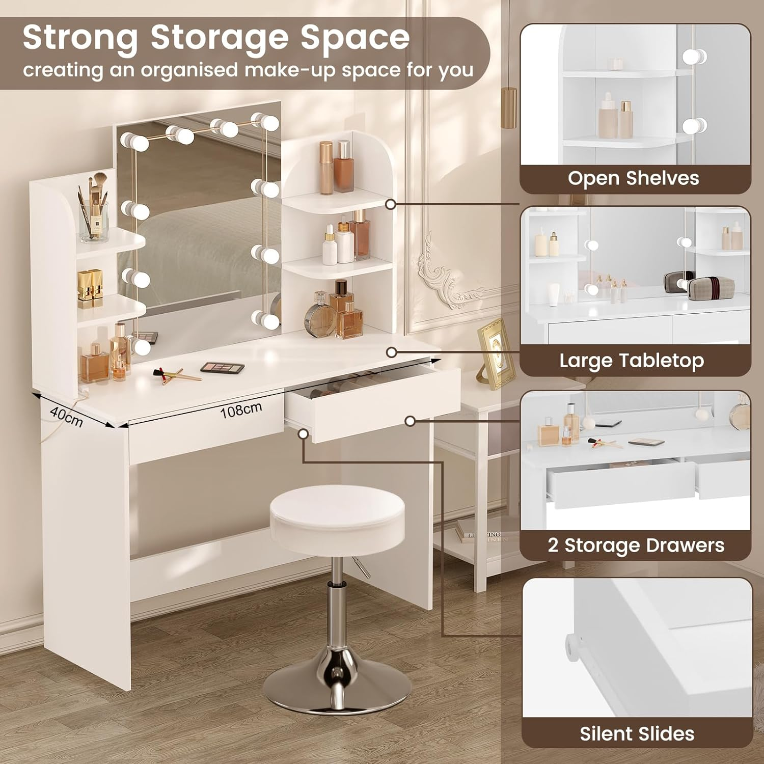 WOLTU MB6106ws Dressing Table with LED Lighting and Stool, Dressing Table with 2 Drawers, 4 Shelves, 108 x 40 x 142 cm, Height-Adjustable Chair, Wooden Cosmetic Table, White