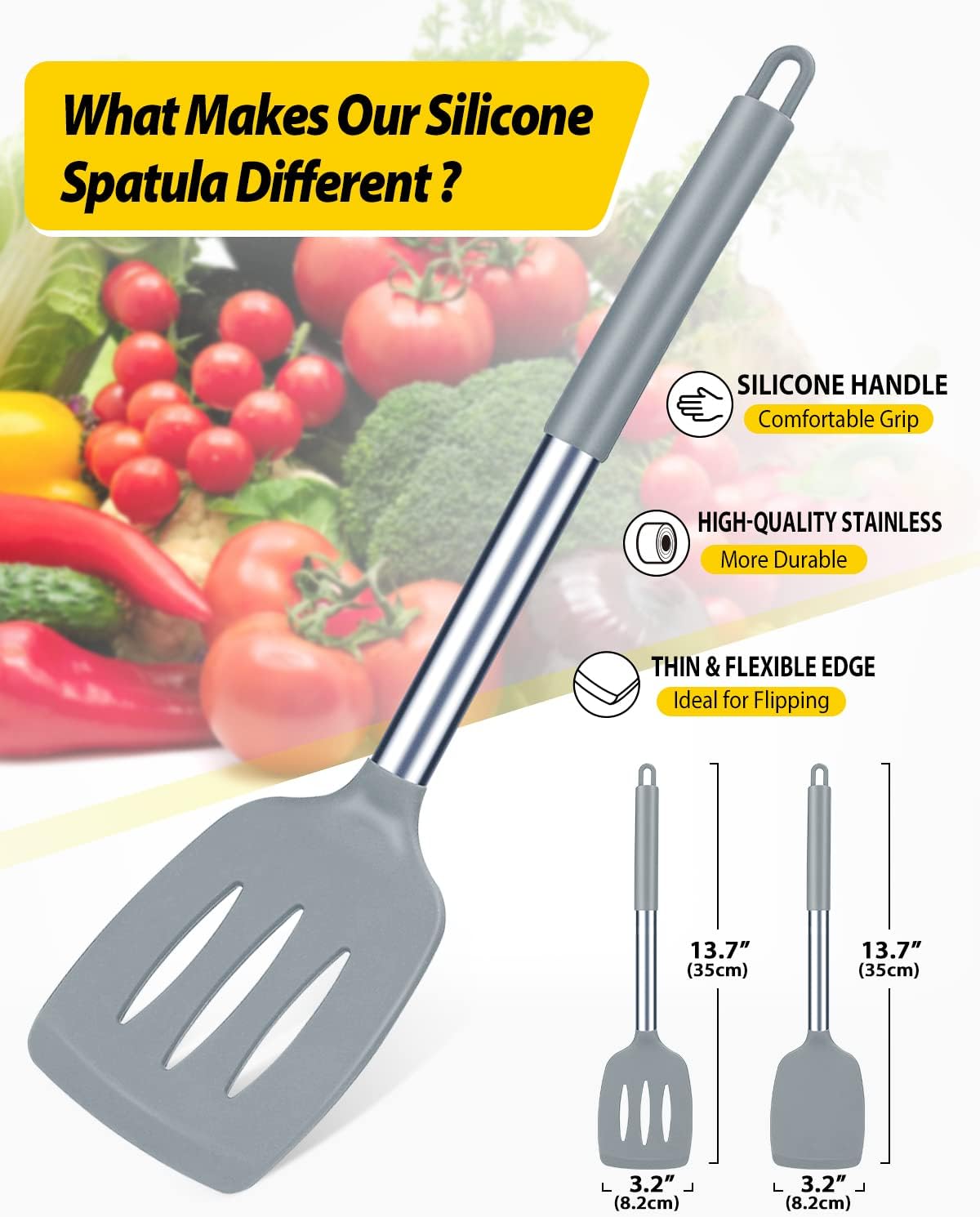 Pack of 2 Silicone Solid Turner,Non Stick Slotted Kitchen Spatulas,High Heat Resistant BPA Free Cooking Utensils,Ideal Cookware for Fish,Eggs,Pancakes (Black)