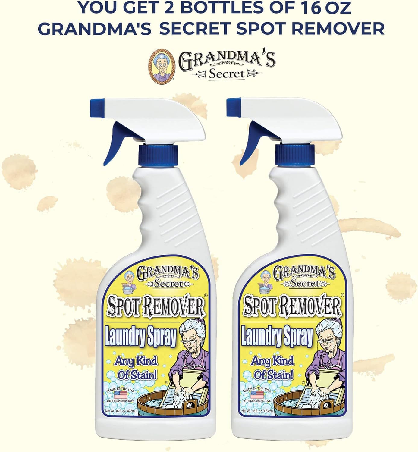 Grandma's Secret Spot Remover Laundry Spray - Chlorine, Bleach and Toxin-Free Fabric Stain Remover for Clothes - Removes Oil, Paint, Blood and Pet Stains - 16 Oz, 2 Pack