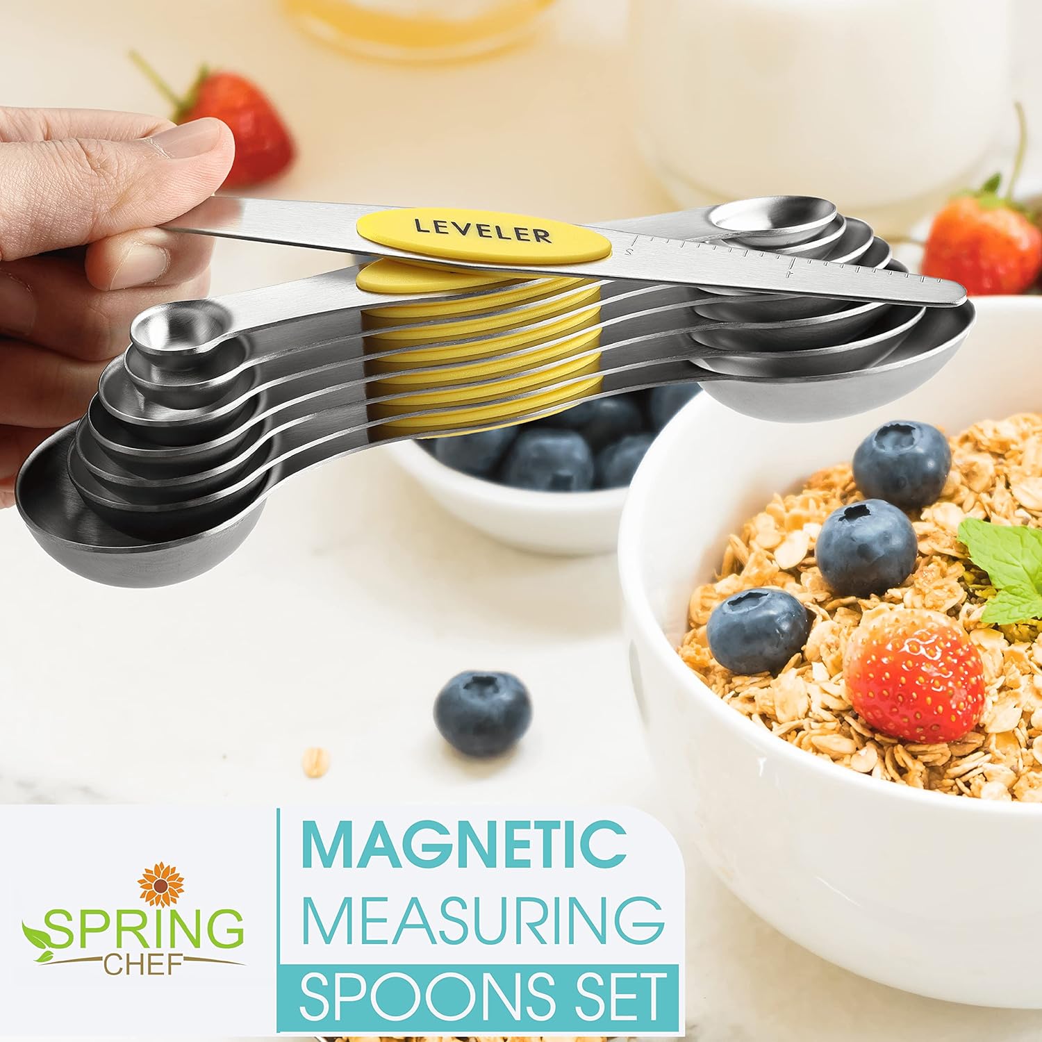 Spring Chef Magnetic Measuring Spoons Set with Strong N45 Magnets, Heavy Duty Stainless Steel Metal, Fits in Most Kitchen Spice Jars for Baking & Cooking, BPA Free, Black, Set of 8 with Leveler