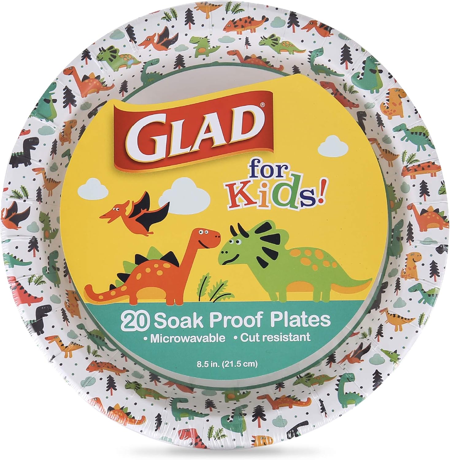 Glad for Kids Dinosaur Design Disposable Paper Plates, 7-Inch, Soak Proof & Microwavable Kid Paper Plates - Perfect for Kids Birthday Parties, Dinosaur Party Supplies - 20 Count Party Plates