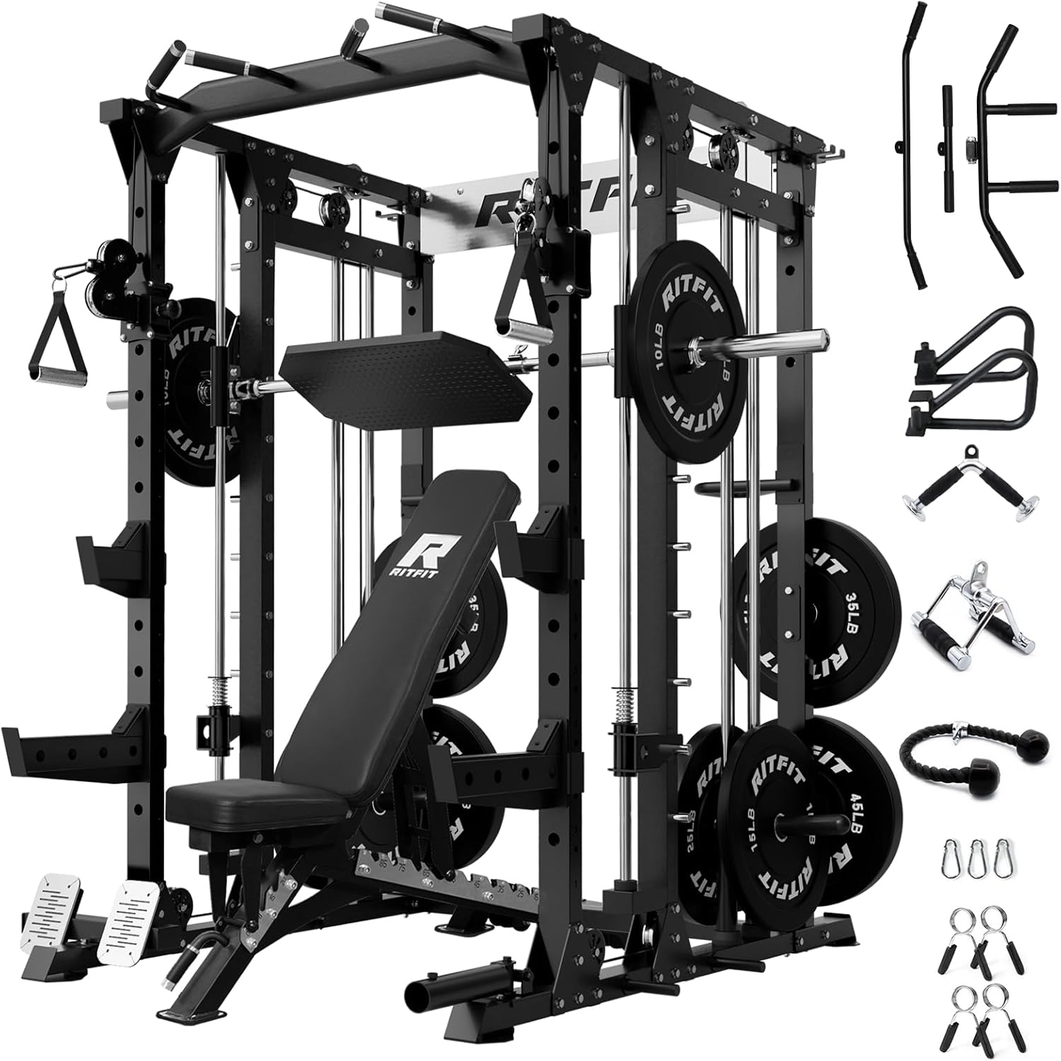 RitFit Buffalo Smith Machine, Power cage with LAT-Pull Down System & Cable Crossover System, All-in-One Squat Rack for Home Gym, Power Rack