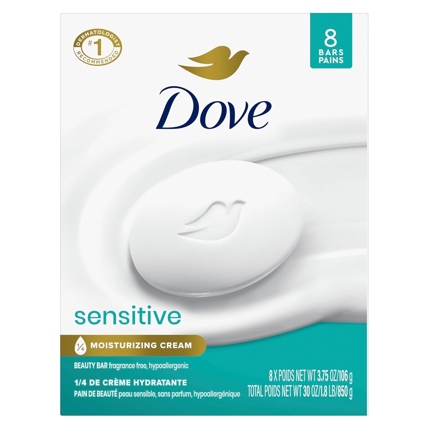 Dove Beauty Bar More Moisturizing Than Bar Soap for Softer Skin, Fragrance-Free, Hypoallergenic Beauty Bar Sensitive Skin With Gentle Cleanser 3.75 oz 14 Bars