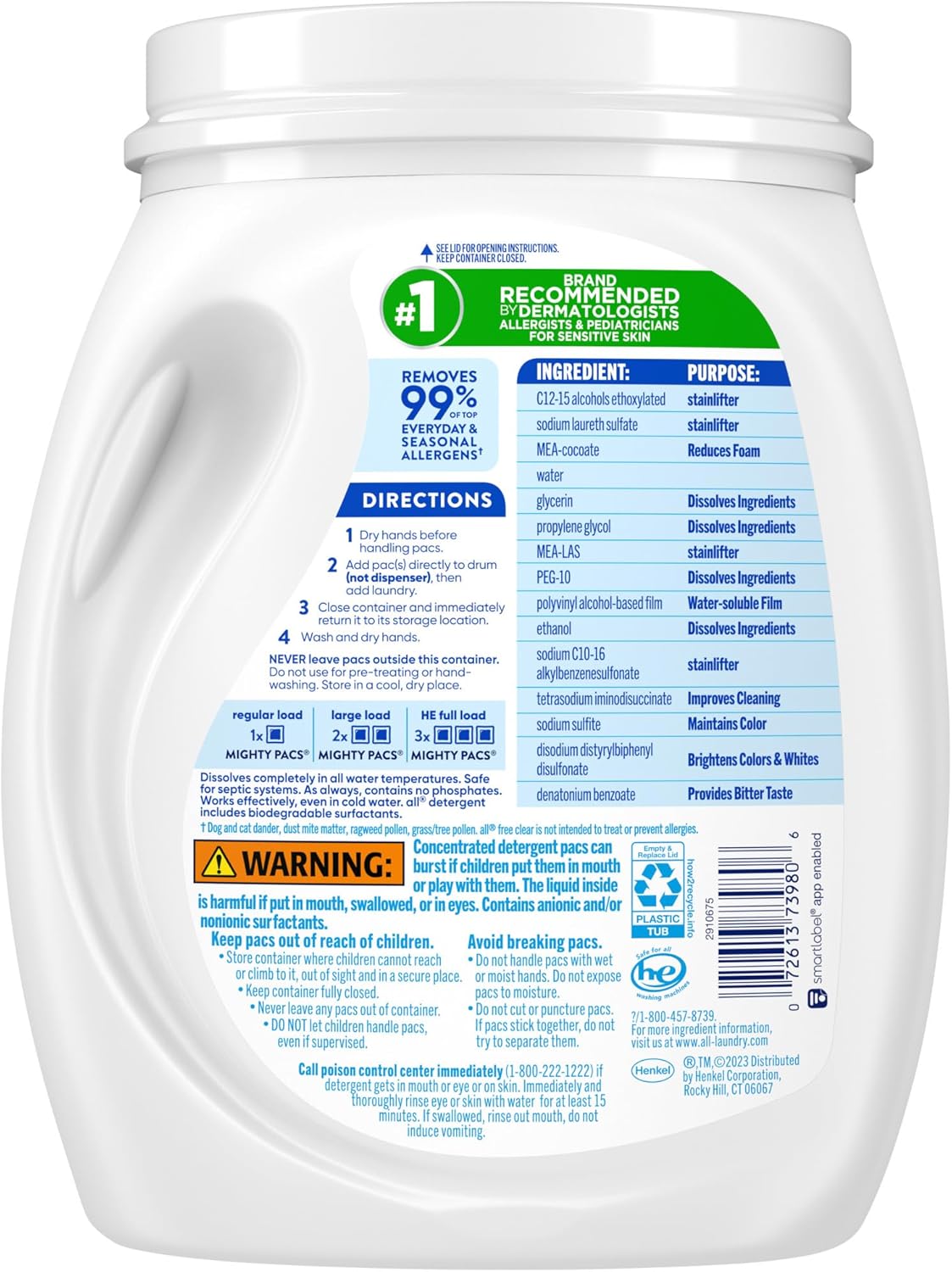 All Mighty Pacs Laundry Detergent, Free Clear for Sensitive Skin, Tub, 60 Count