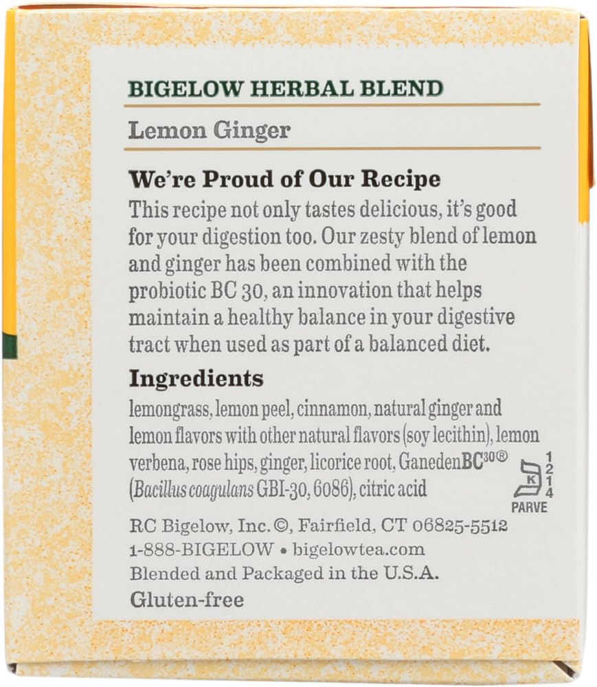 Bigelow Tea Lemon Ginger plus Probiotics Herbal Tea, Caffeine Free Tea with Lemon and Ginger, 18 Count Box (Pack of 6), 108 Total Tea Bags