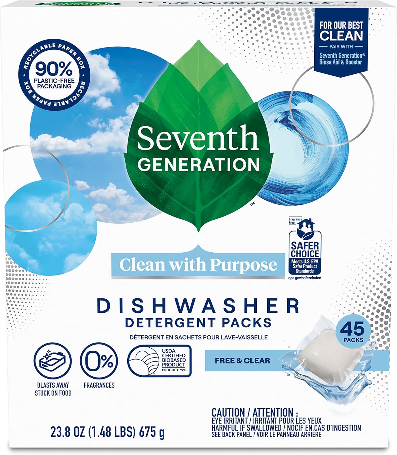 Seventh Generation Dishwasher Detergent Packs Free & Clear Pack of 2 for sparkling dishes Dishwasher tabs 45 count
