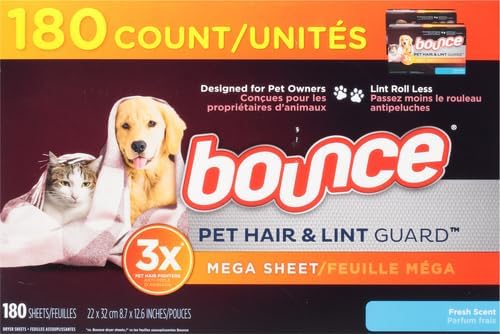 Bounce Pet Hair and Lint Guard Mega Fabric Softener Dryer Sheets with 3X Pet Hair Fighters, Fresh Scent, 180 Count, Bounce Dryer Sheets, Pet Hair Remover for Laundry