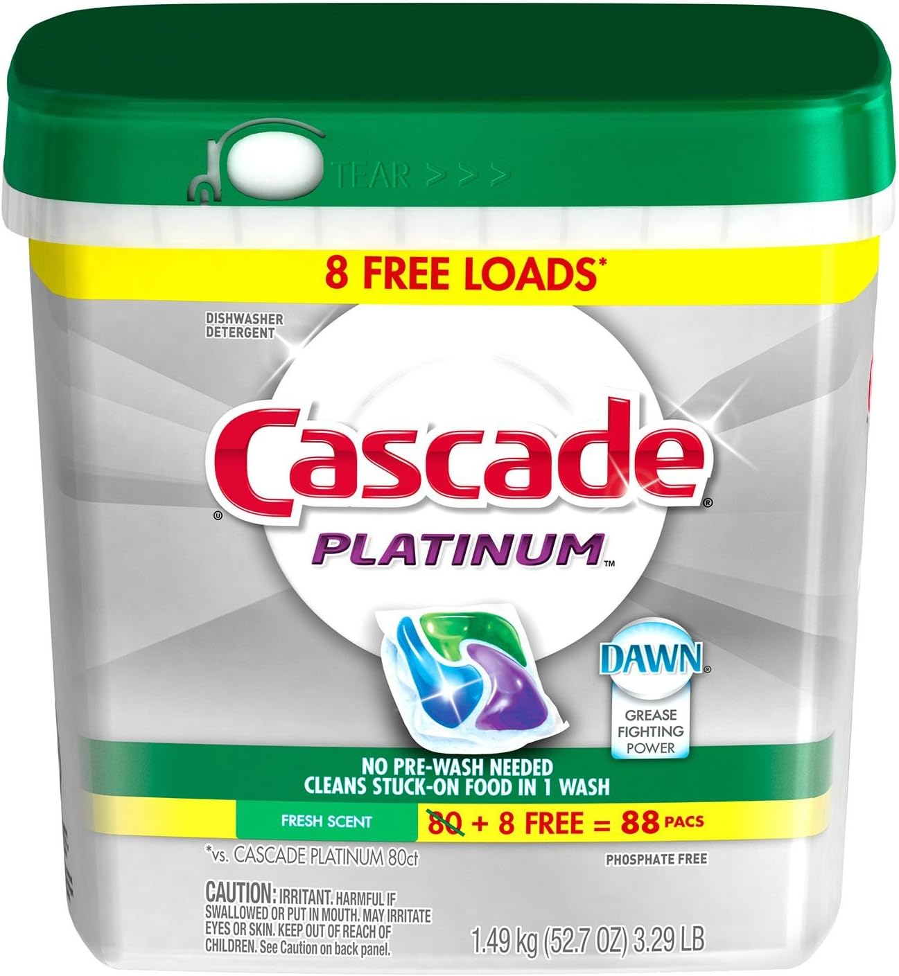 Cascade Platinum Dishwasher Pods, Detergent, Soap Pods, Actionpacs with Dishwasher Cleaner and Deodorizer Action, Fresh, 62 Count