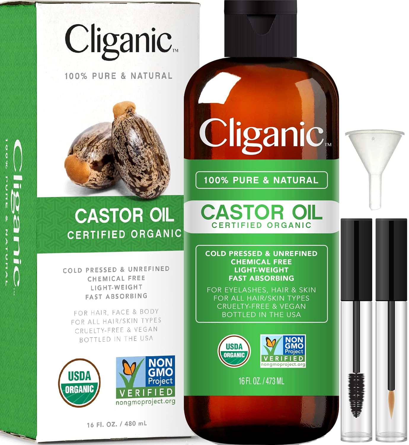 Cliganic USDA Organic Castor Oil, 100% Pure (8oz with Eyelash Kit) - For Eyelashes, Eyebrows, Hair & Skin | Natural Cold Pressed Unrefined Hexane-Free