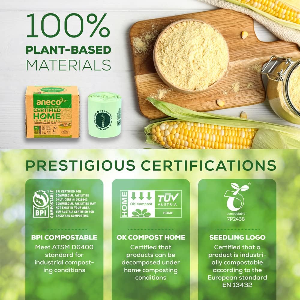 ANECO 100% Compostable Waste Bags 2.6 Gallon, Extra Thick Kitchen Small Compost Bags for Countertop Bin (100 Count)