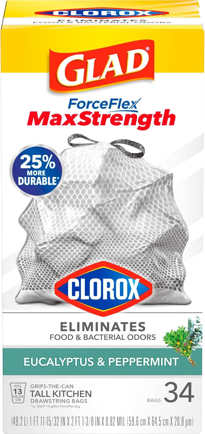 Glad ForceFlex MaxStrength with Clorox Trash Bags, 13 Gal, Lemon Fresh Bleach, 90 Ct, Pack May Vary
