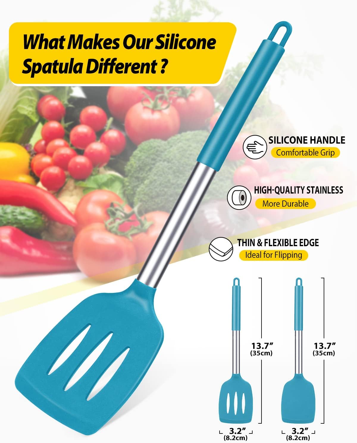 Pack of 2 Silicone Solid Turner,Non Stick Slotted Kitchen Spatulas,High Heat Resistant BPA Free Cooking Utensils,Ideal Cookware for Fish,Eggs,Pancakes (Black)