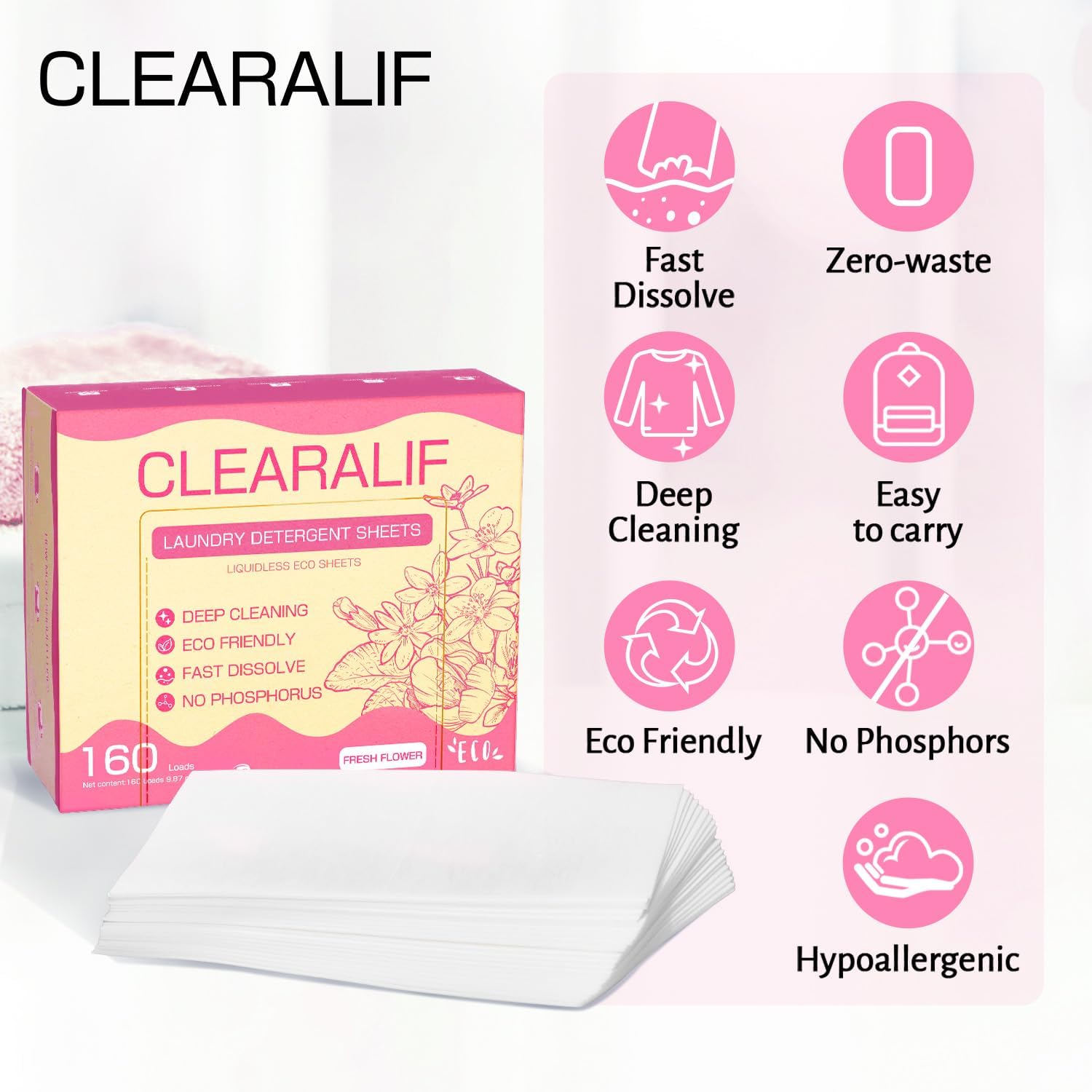 CLEARALIF Laundry Detergent Sheets Up to 160 Loads, Fresh Linen - Great For Travel,Apartments, Dorms,Laundry Detergent Strips Eco Friendly & Hypoallergenic