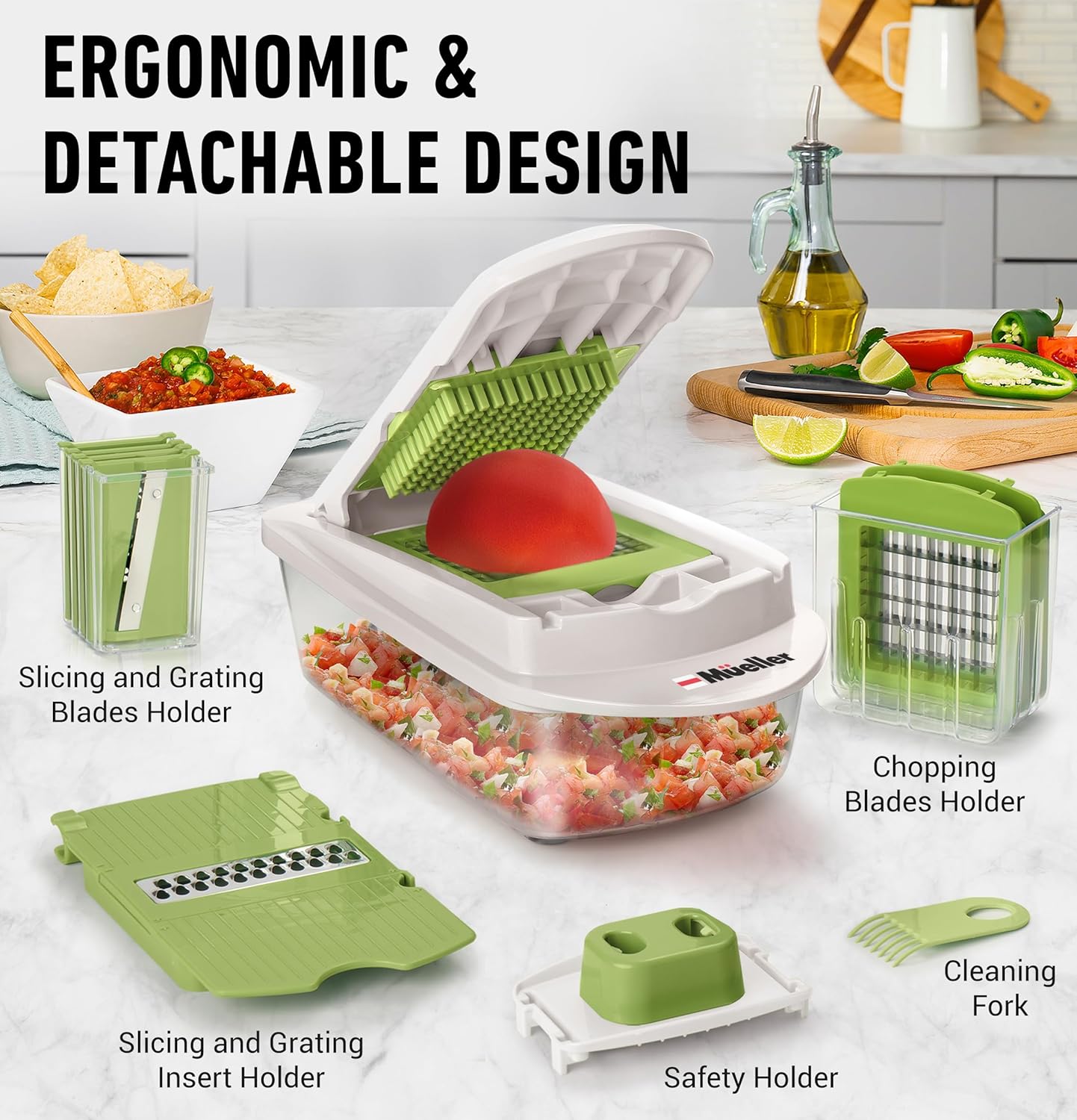 Mueller Pro-Series 10-in-1, 8 Blade Vegetable Chopper, Onion Mincer, Cutter, Dicer, Egg Slicer with Container, French Fry Cutter, Potato Slicer, Home Essentials & Kitchen Gadgets, Salad Chopper