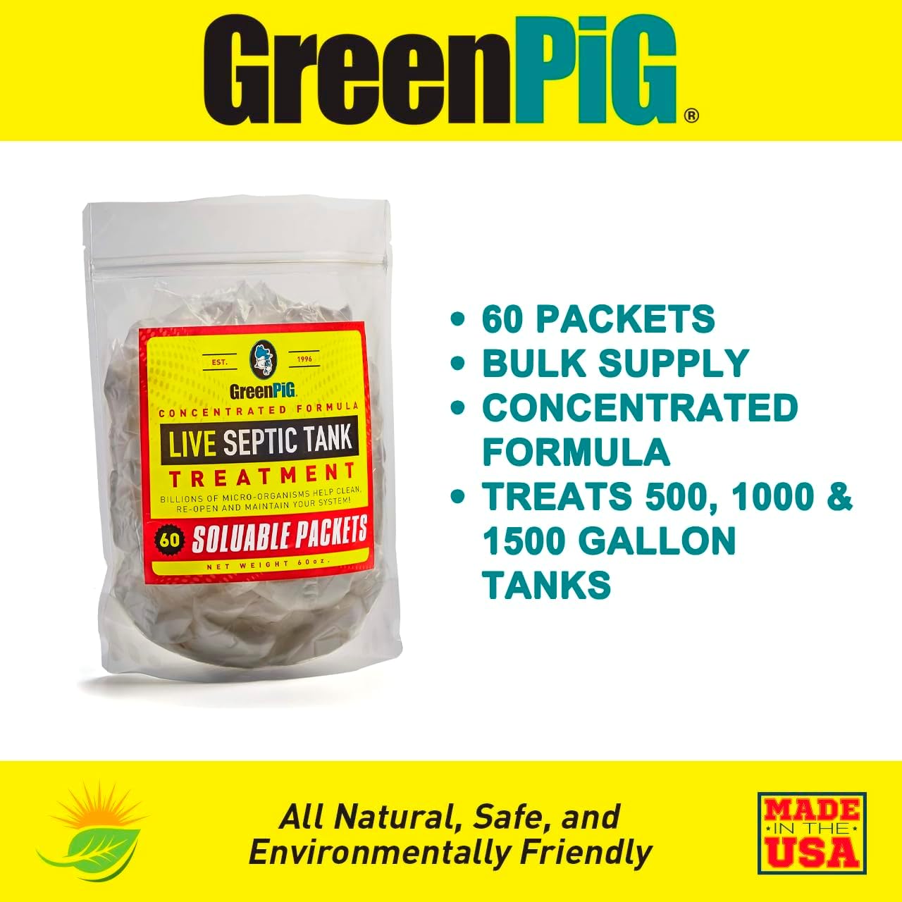 Green Pig 52 Live Septic Tank Treatment Ultimate Solution in Preventing Expensive Backups, Clogs, or Drain Field Failures with 4-Easy Drop-in and Flush, 1-Year Supply- 4 Packets, 4 Count