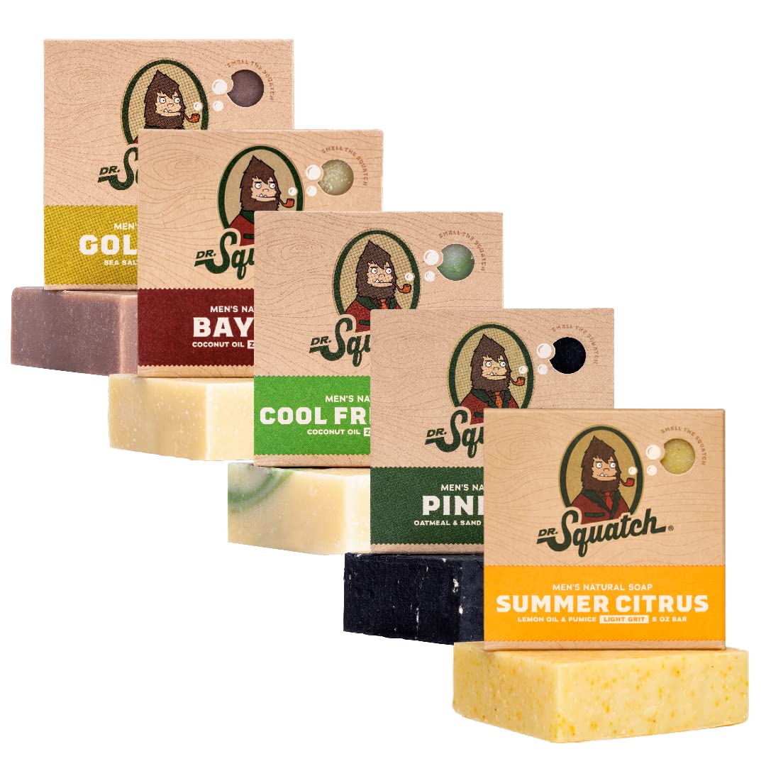 Dr. Squatch All Natural Bar Soap for Men, 5 Bar Variety Pack - Men's Natural Bar Soap - Rainforest Rapids, Coconut Castaway, Fresh Falls, Summer Citrus, and Eucalyptus Greek Yogurt - Soap Gift