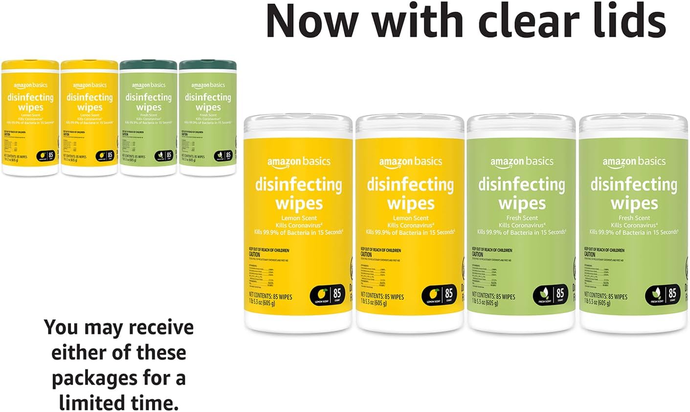 Amazon Basics Disinfecting Wipes, Lemon & Fresh Scent, Sanitizes, Cleans, Disinfects & Deodorizes, 255 Count (3 Packs of 85)