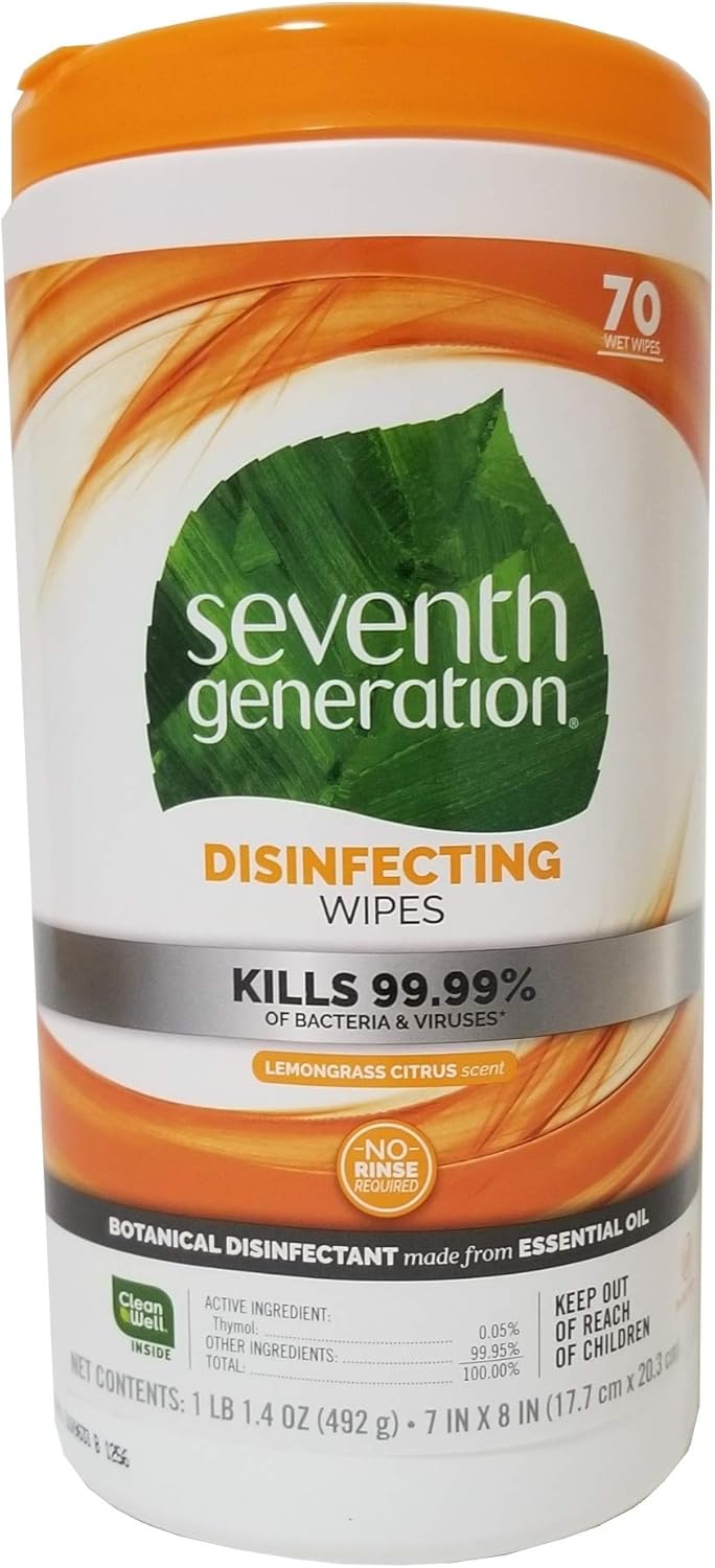 Seventh Generation Disinfecting Multi-Surface Wipes, Pack of 3, Lemongrass Citrus, 70 Count