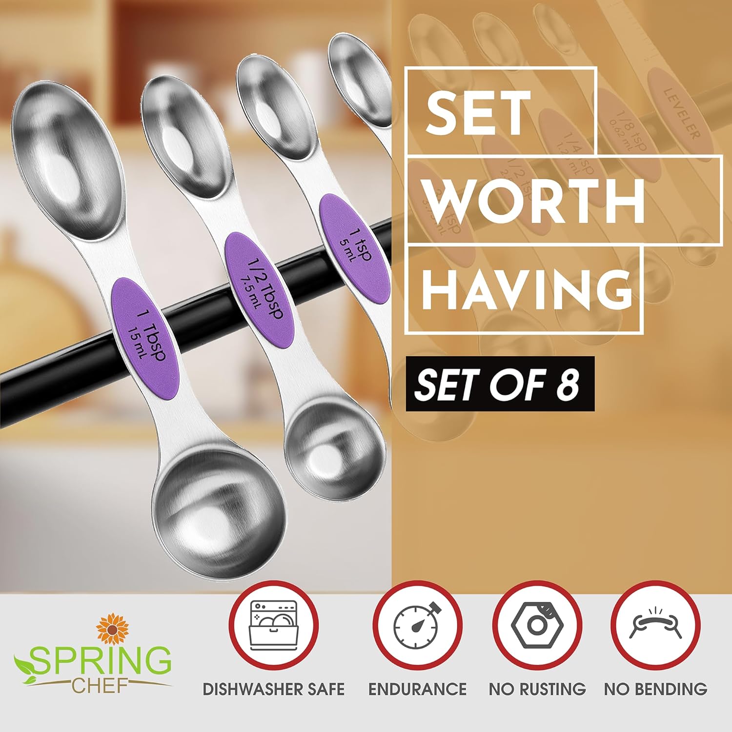 Spring Chef Magnetic Measuring Spoons Set with Strong N45 Magnets, Heavy Duty Stainless Steel Metal, Fits in Most Kitchen Spice Jars for Baking & Cooking, BPA Free, Black, Set of 8 with Leveler
