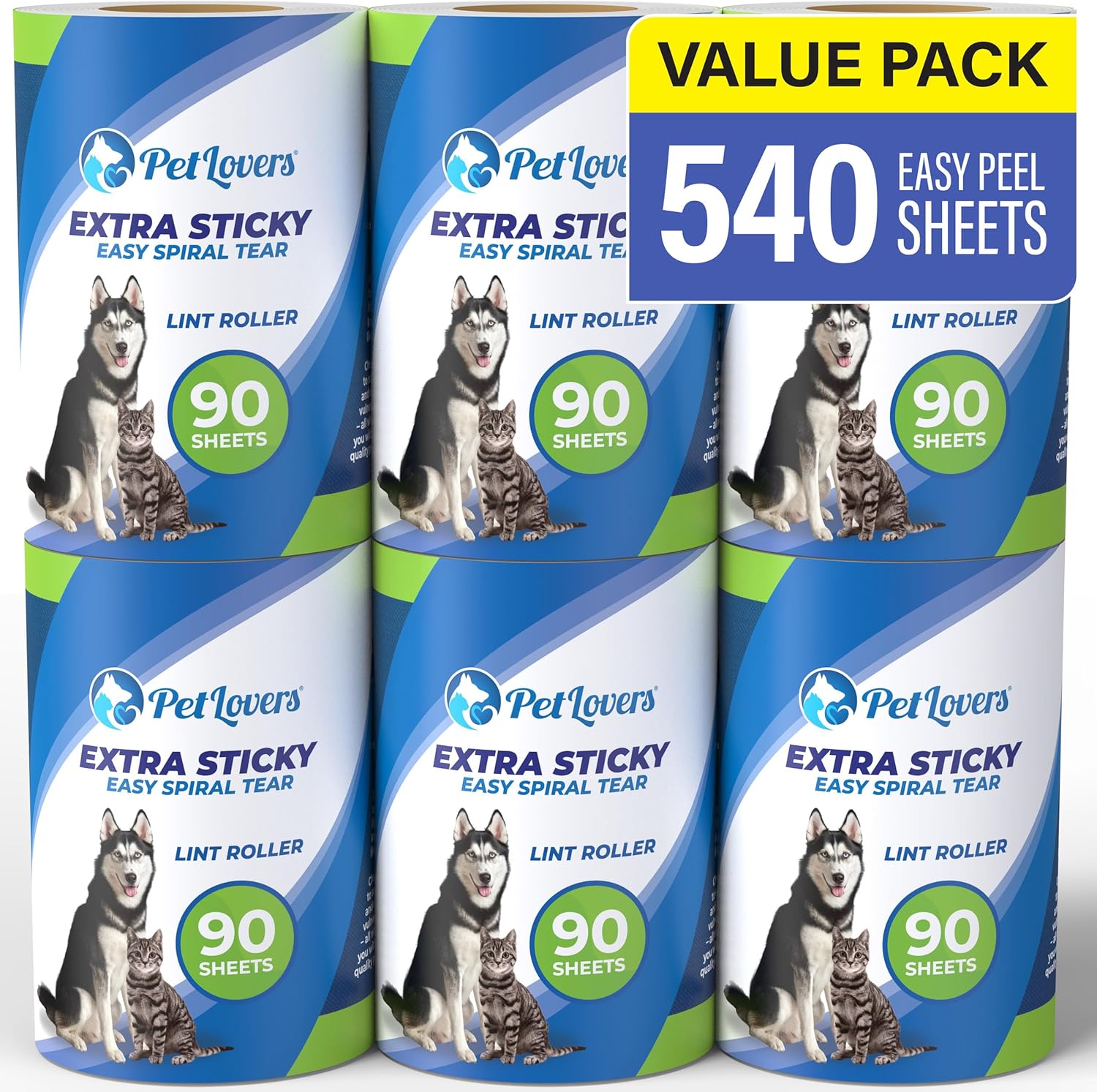 PetLovers Extra Sticky Lint Roller Mega Value Set 450 Sheets for Pet Hair Removal, Dog and Cat Lint Remover 5 Pack