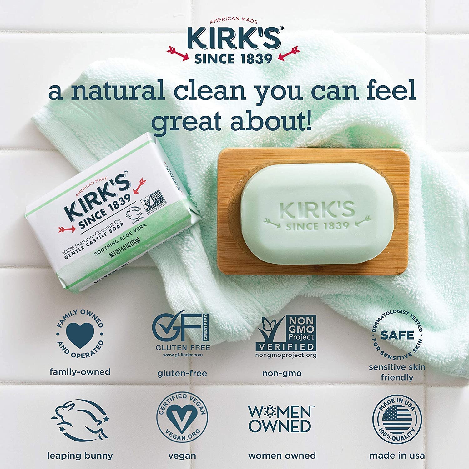 Kirk's Castile Bar Soap for Men, Women & Children - Made With Premium Coconut Oil, Sensitive Skin Formula, Vegan, Non GMO, Original Fresh Scent, 4 oz. Bars, 6 Pack