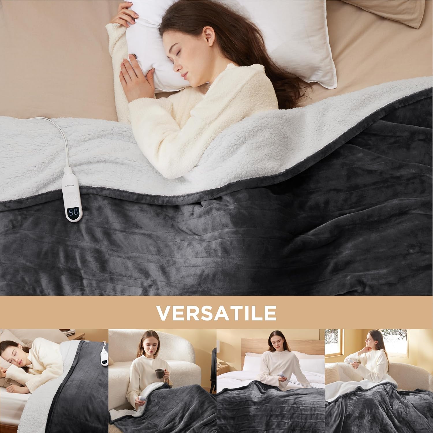 Bedsure Heated Blanket Electric Throw - Soft Flannel Electric Blanket, Heating Blanket with 4 Time Settings & 6 Heat Settings, Warm Blanket Gift for Grandma (50x60 inches, Grey)