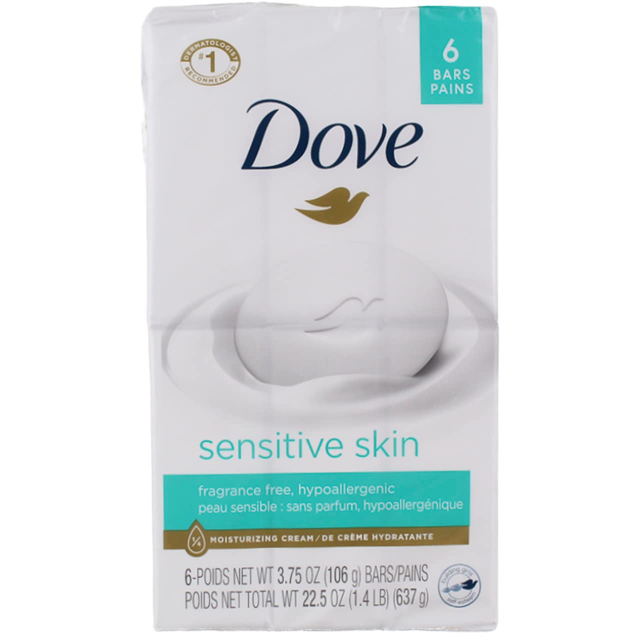 Dove Beauty Bar More Moisturizing Than Bar Soap for Softer Skin, Fragrance-Free, Hypoallergenic Beauty Bar Sensitive Skin With Gentle Cleanser 3.75 oz 14 Bars