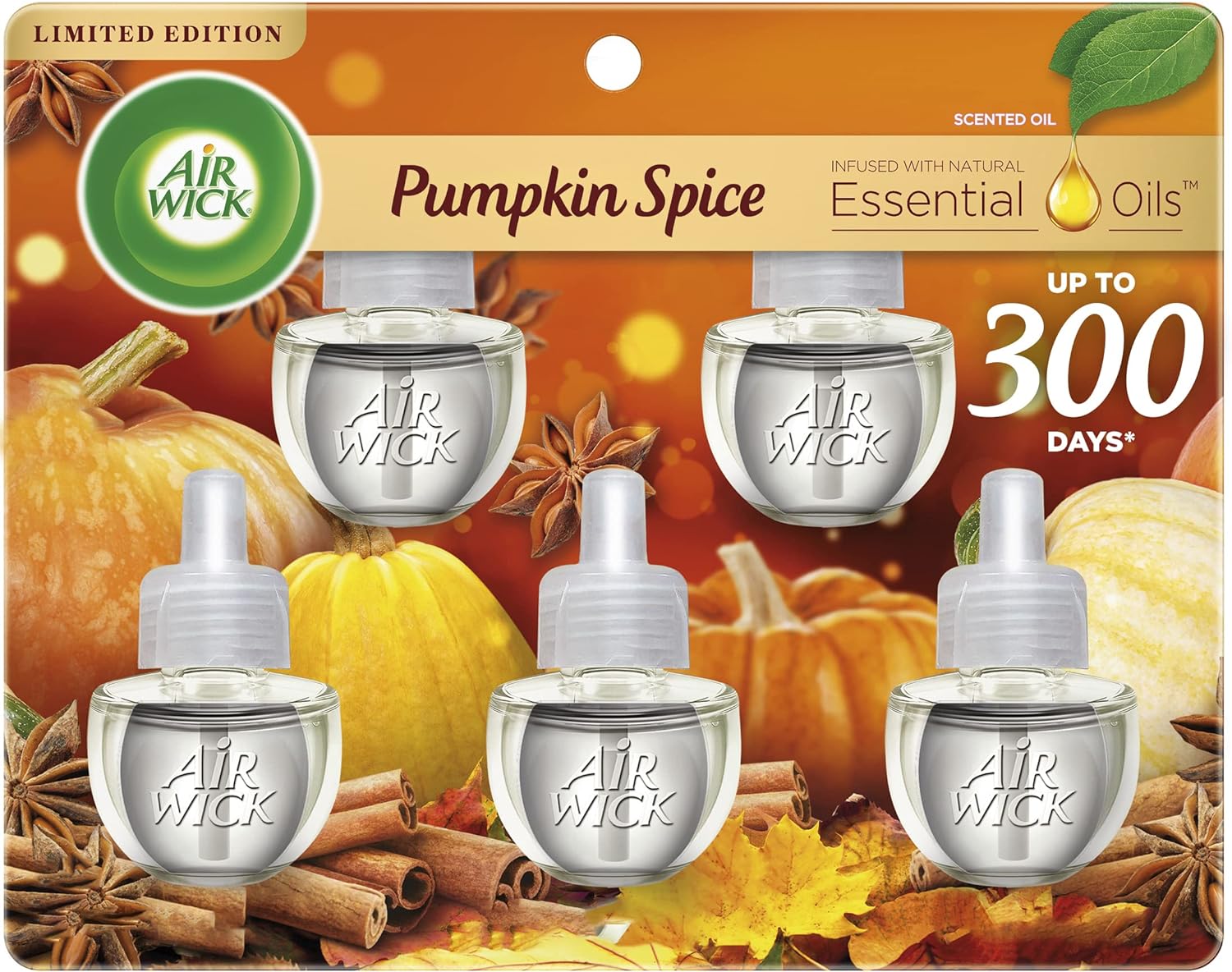 Air Wick Plug in Scented Oil Refill, 5 ct, Pumpkin Spice, Air Freshener, Essential Oils, Fall Scent, Fall Decor