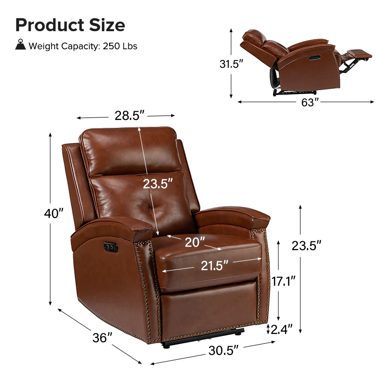Stefan Genuine Leather Power Recliner with Nailhead Trim