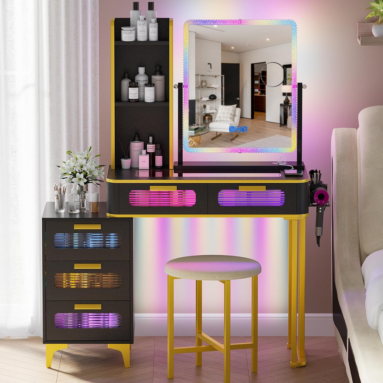 Figbird RGB Dressing Table with Wireless Charging Station and 1 USB & 1 Type-C Ports, 7 Dynamic and 7 Static Dimmable LED Dressing Tables with 6 Drawers and Glass Top, Modern,