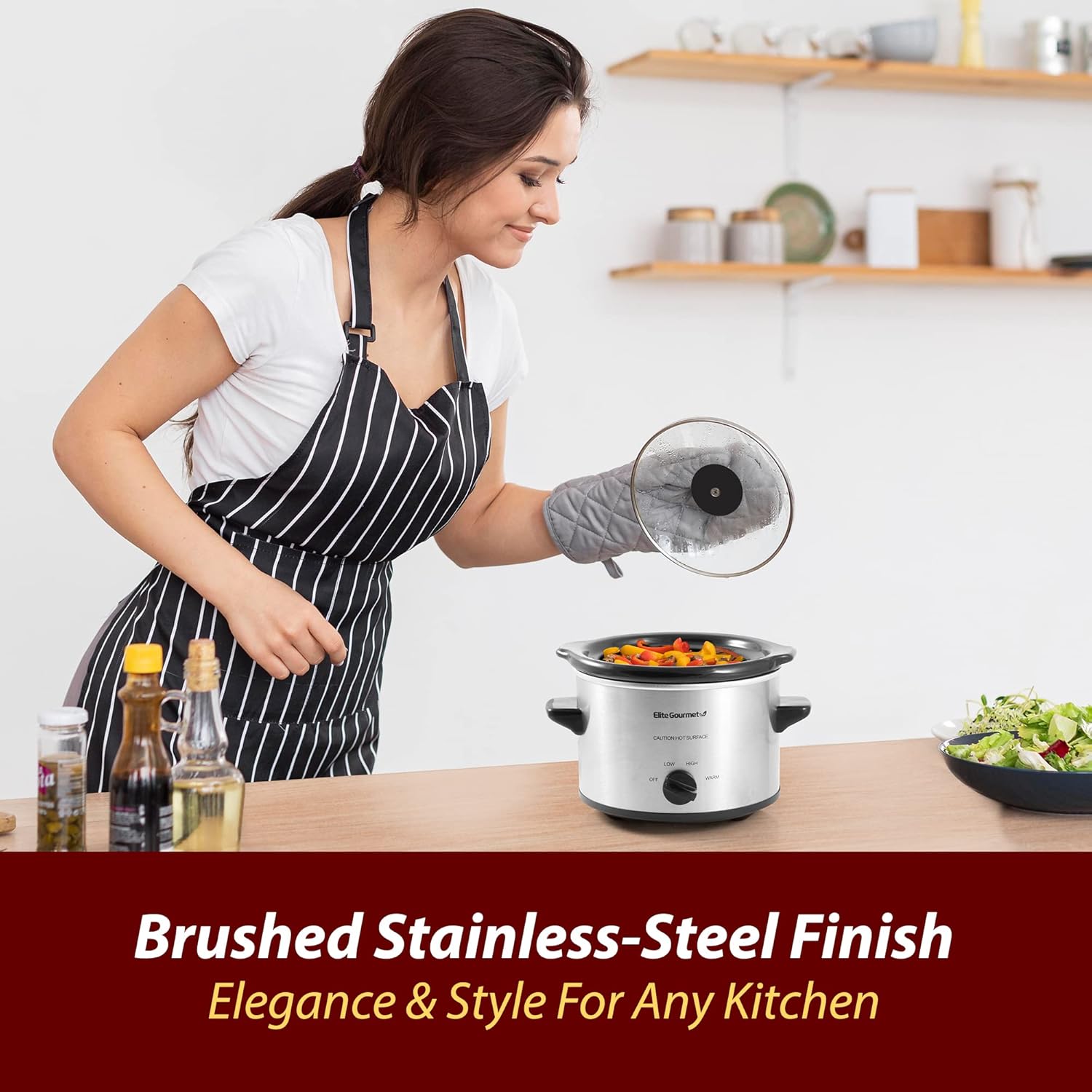 Elite Gourmet MST-250XS Electric Slow Cooker Ceramic Pot, Adjustable Temp, Entrees, Sauces, Stews & Dips, Dishwasher Safe Glass Lid & Crock, 1.5 Quart, Stainless Steel