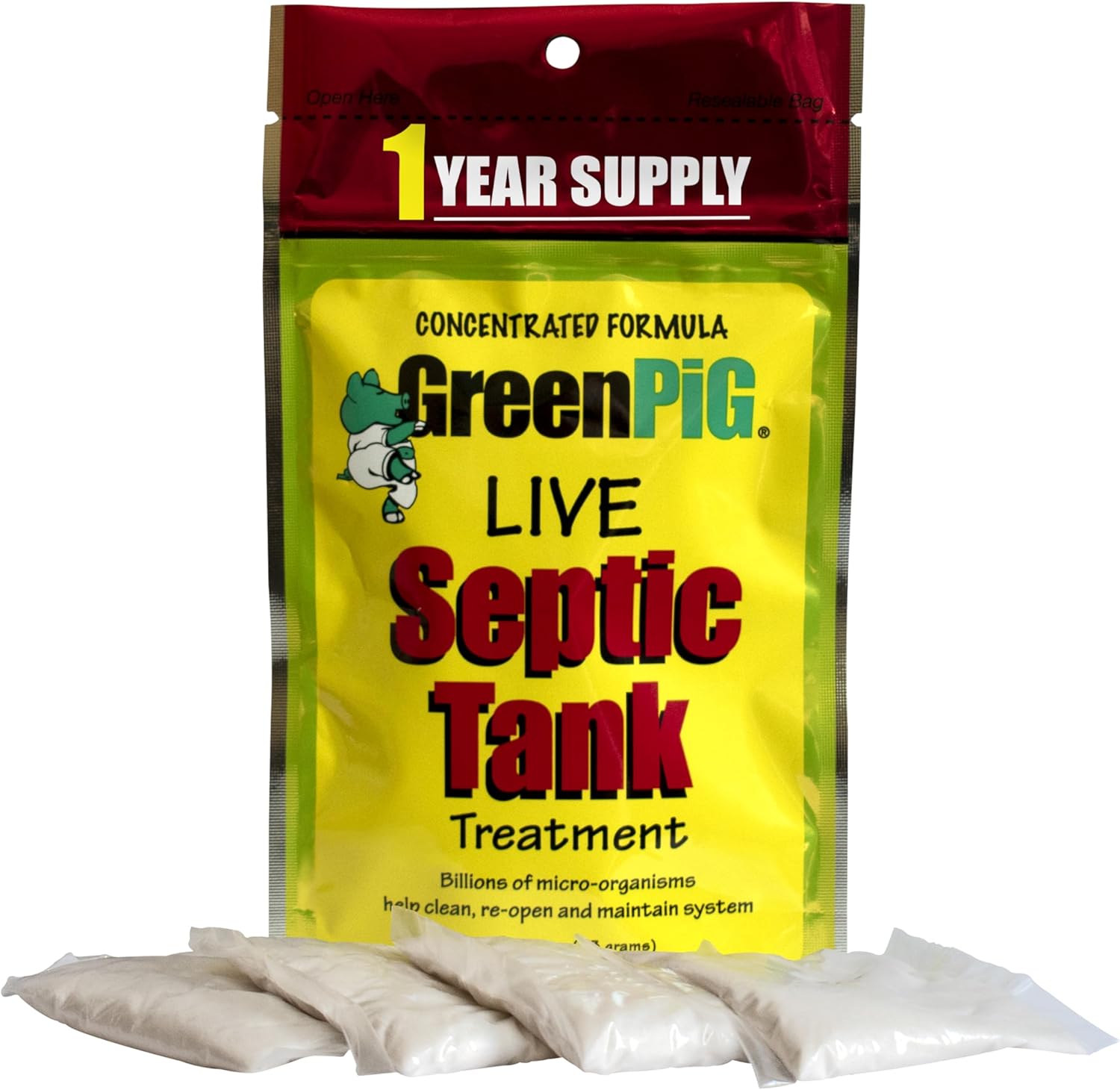 Green Pig 52 Live Septic Tank Treatment Ultimate Solution in Preventing Expensive Backups, Clogs, or Drain Field Failures with 4-Easy Drop-in and Flush, 1-Year Supply- 4 Packets, 4 Count