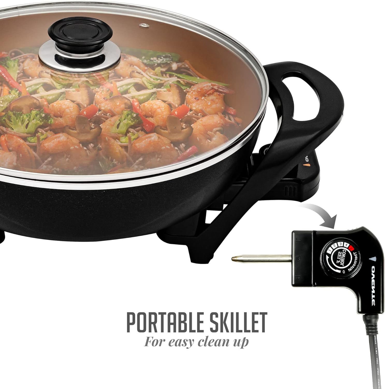 OVENTE 12 Inch Electric Skillet and Frying Pan with Nonstick Coating, 1400W Power, Adjustable Temperature Control, Tempered Glass Lid with Vent and Cool Touch Handles, Black SK11112B