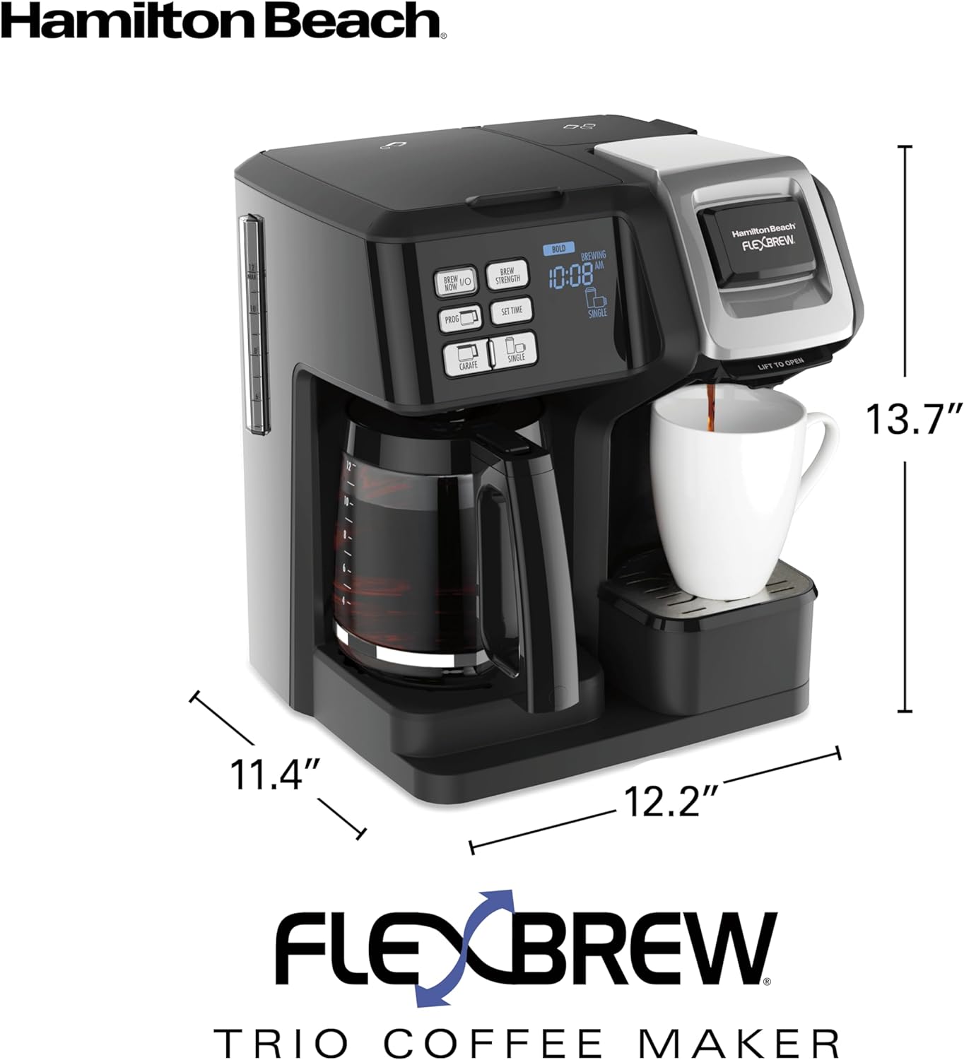Hamilton Beach FlexBrew Trio 2-Way Coffee Maker, Compatible with K-Cup Pods or Grounds, Combo, Single Serve & Full 12c Pot, Black - Fast Brewing (49902)