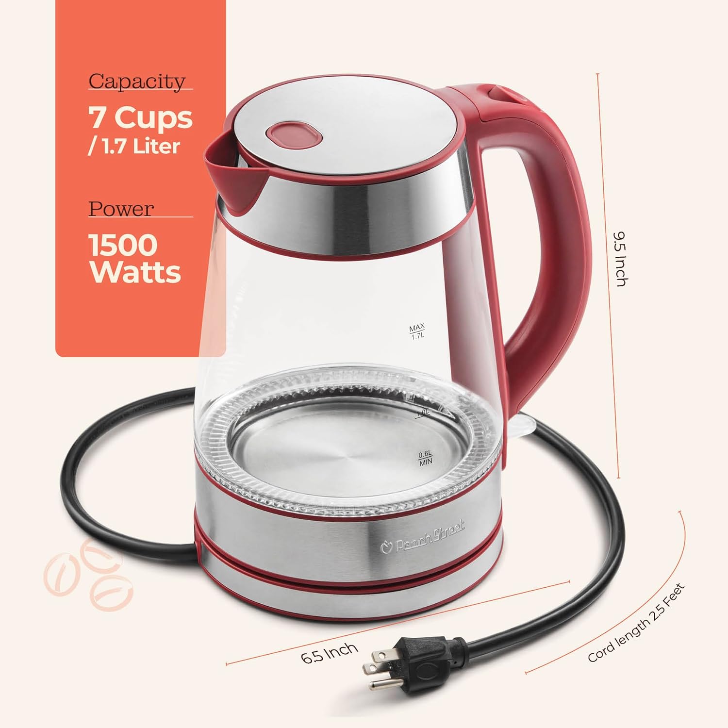 Speed-Boil Electric Kettle For Coffee & Tea - 1.7L Water Boiler 1500W, Borosilicate Glass, Easy Clean Wide Opening, Auto Shut-Off, Cool Touch Handle, LED Light. 360° Rotation, Boil Dry Protection