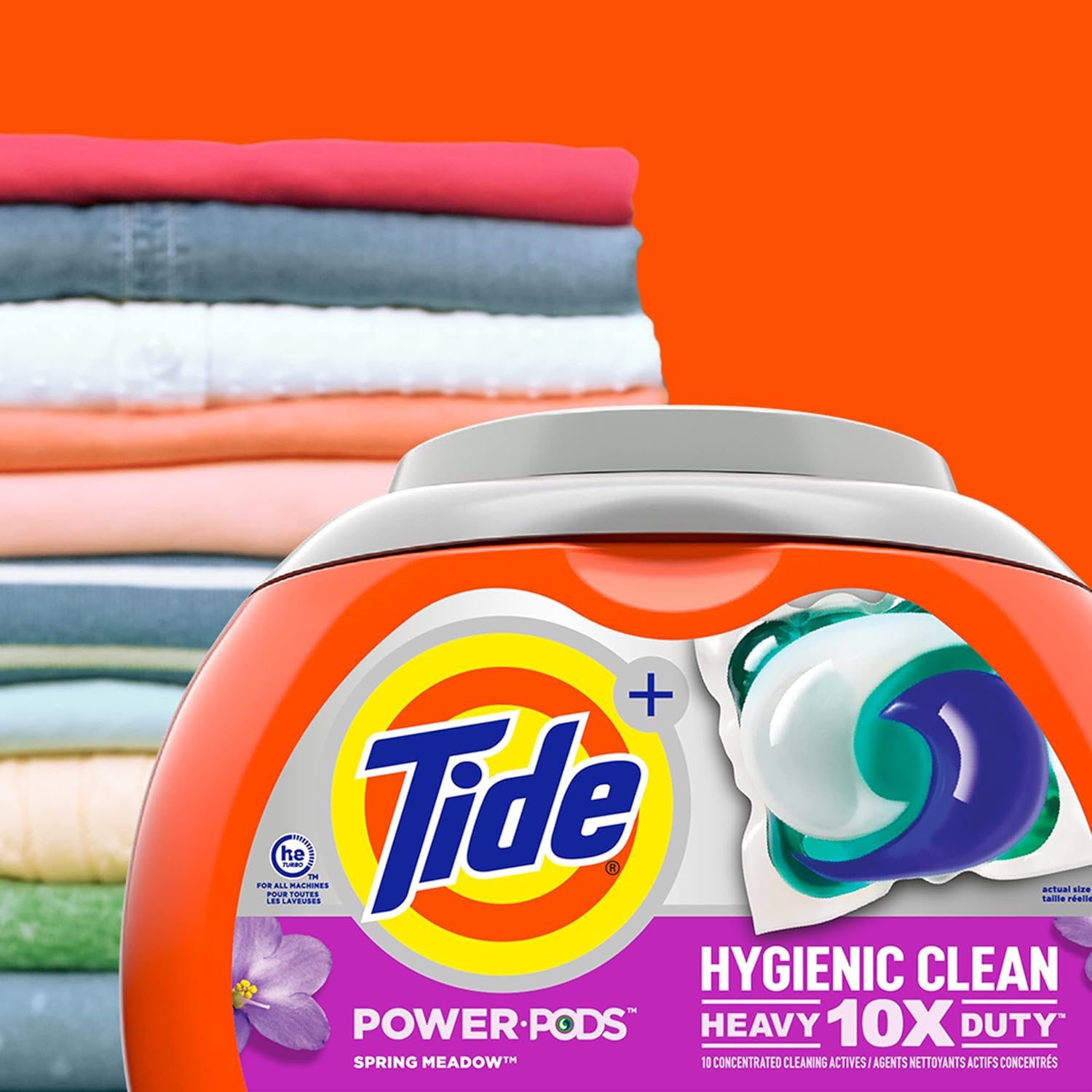 Tide Hygienic Clean Heavy 10x Duty Power PODS Laundry Detergent Pacs For Visible and Invisible Dirt, Spring Meadow Scent, 45 Count