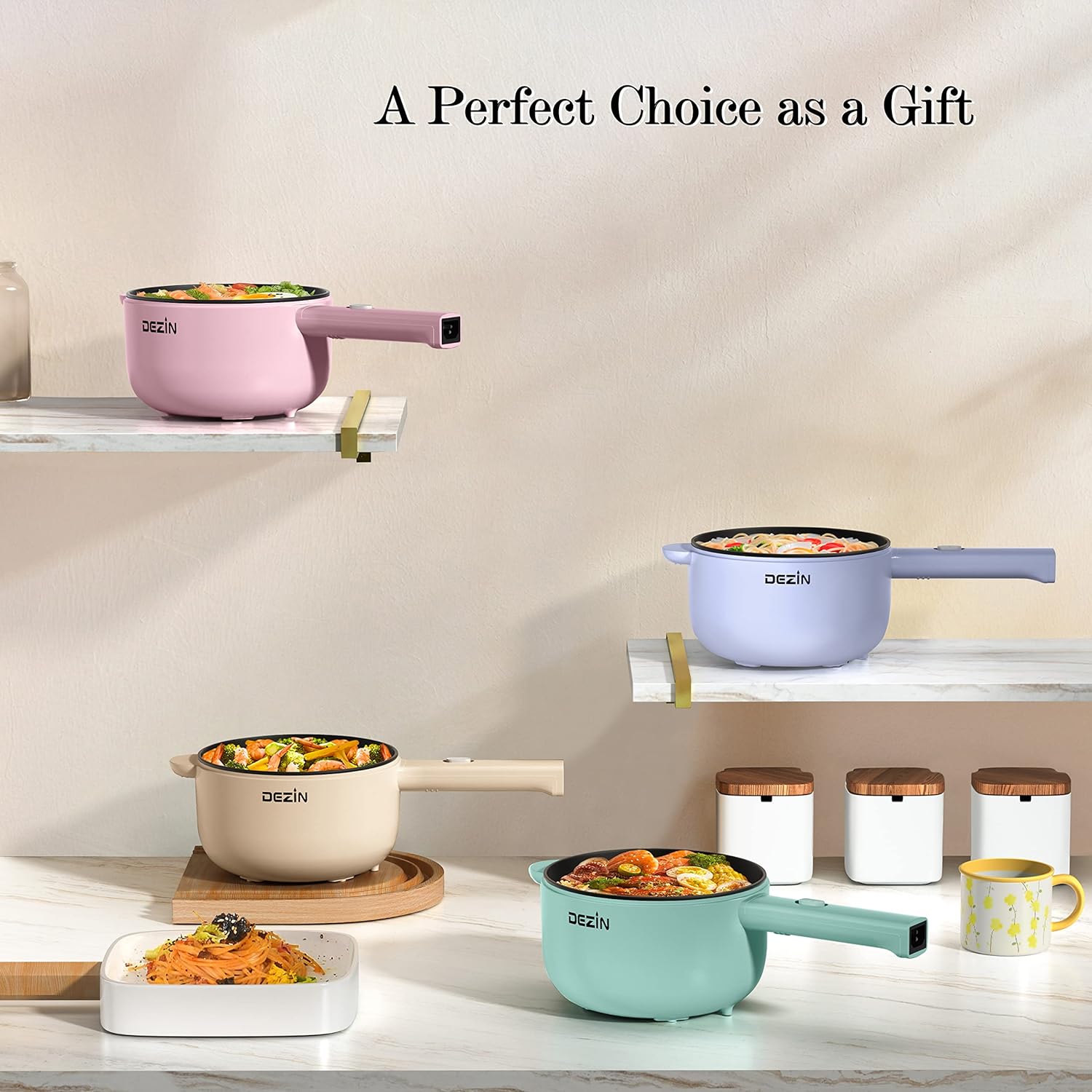 Dezin Electric Cooker, 2L Non-Stick Sauté Pan, Rapid Noodles Cooker, Mini Pot for Ramen with Power Adjustment, Dorm Room Essential (Egg Rack Included)