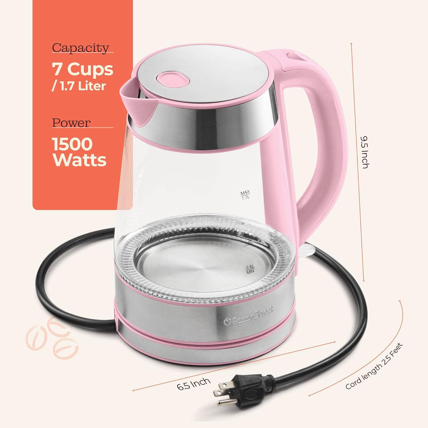 Speed-Boil Electric Kettle For Coffee & Tea - 1.7L Water Boiler 1500W, Borosilicate Glass, Easy Clean Wide Opening, Auto Shut-Off, Cool Touch Handle, LED Light. 360° Rotation, Boil Dry Protection