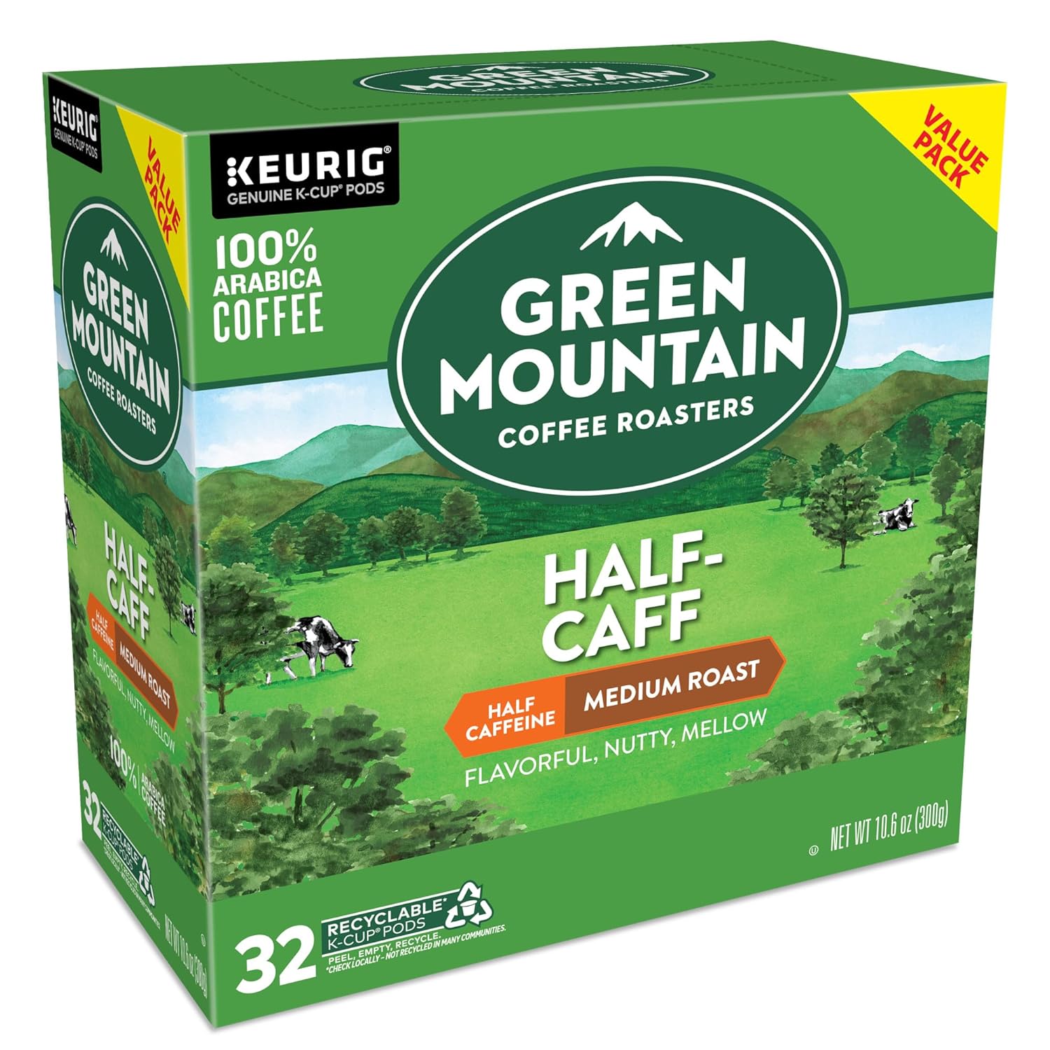 Green Mountain Coffee Roasters Half Caff Keurig Single-Serve K-Cup pods, Medium Roast Coffee, 72 Count (6 Packs of 12)